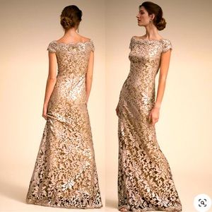 Tadashi Shoji Odette Off-Shoulder Sequin Mesh Column Gown.